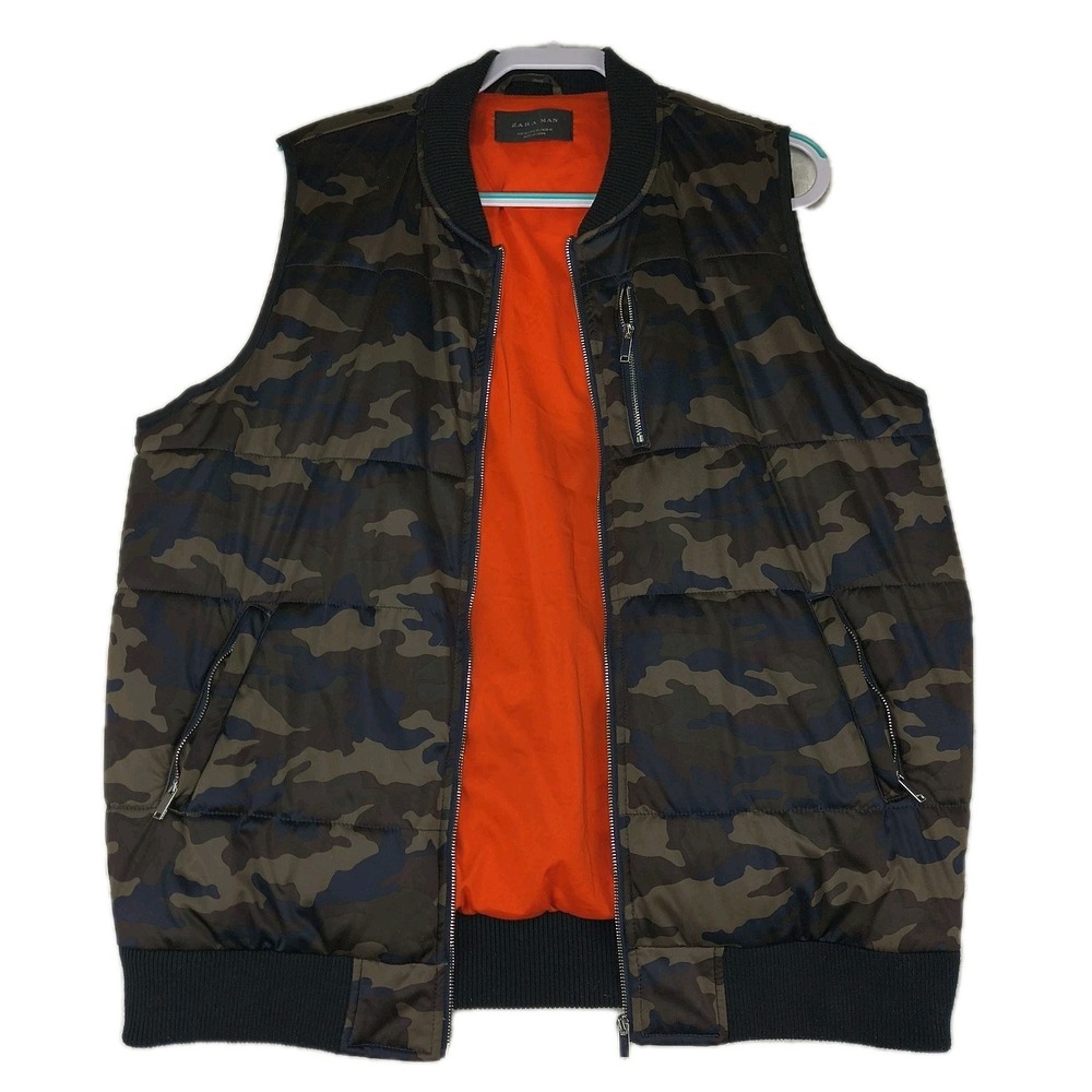 Zara Man Camo Puffer Vest‎ Mens XL Green Camouflage Orange Lining Change Graphic